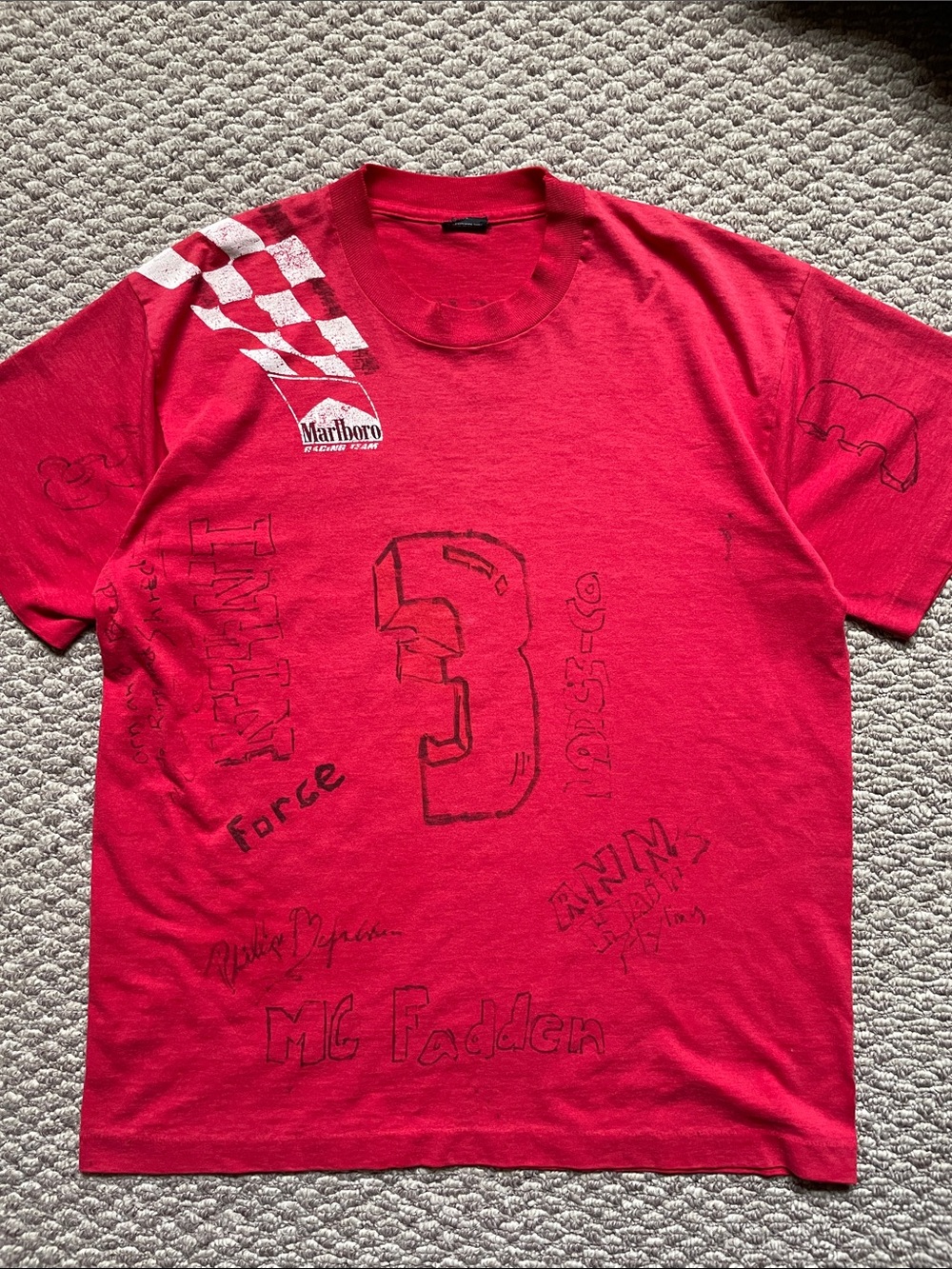 Vintage Marlboro racing t shirt with writing all over